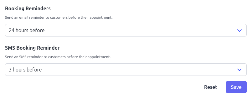 Flitz reminder settings showing email reminders 24 hours before and SMS reminders 3 hours before an appointment