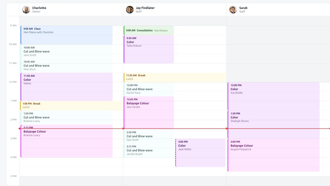 Flitz team calendar with staff columns, colour-coded appointments, breaks and a live current-time indicator