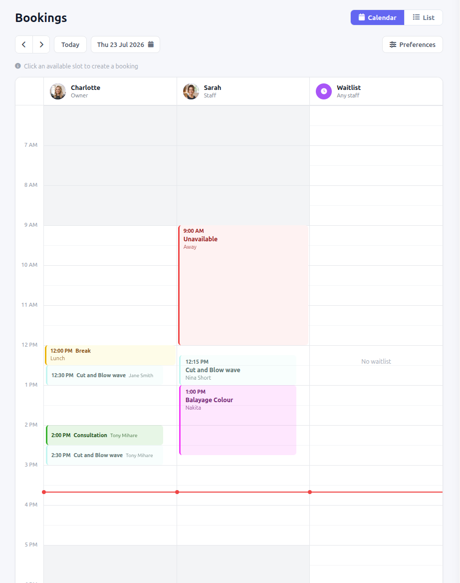 Flitz bookings calendar showing staff columns, appointments, breaks and availability for the day