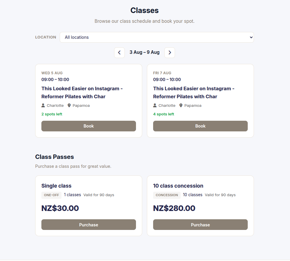 Flitz online class booking page showing upcoming classes with dates, instructors and locations, plus class pass purchase options