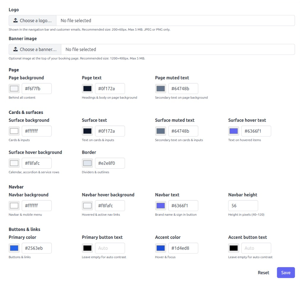 Flitz branding settings for logo, banner, page colours, navbar, buttons and links on the booking site