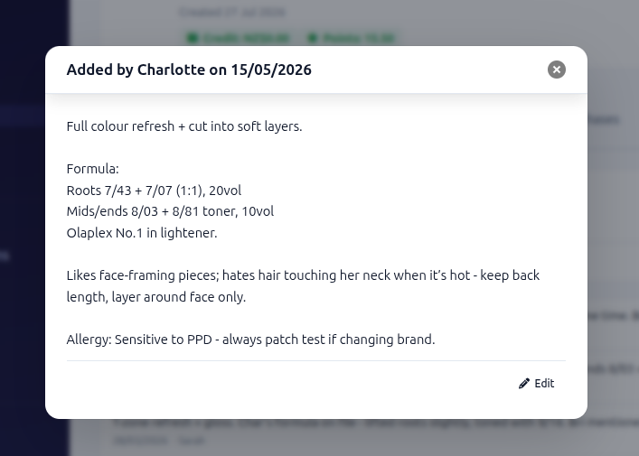 Flitz customer note detail view showing a colour formula, styling preferences and PPD allergy warning