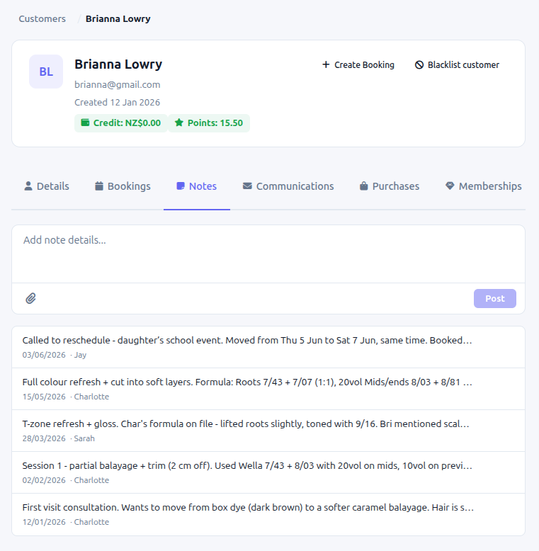 Flitz customer profile Notes tab showing note history with formulas, preferences and allergy warnings