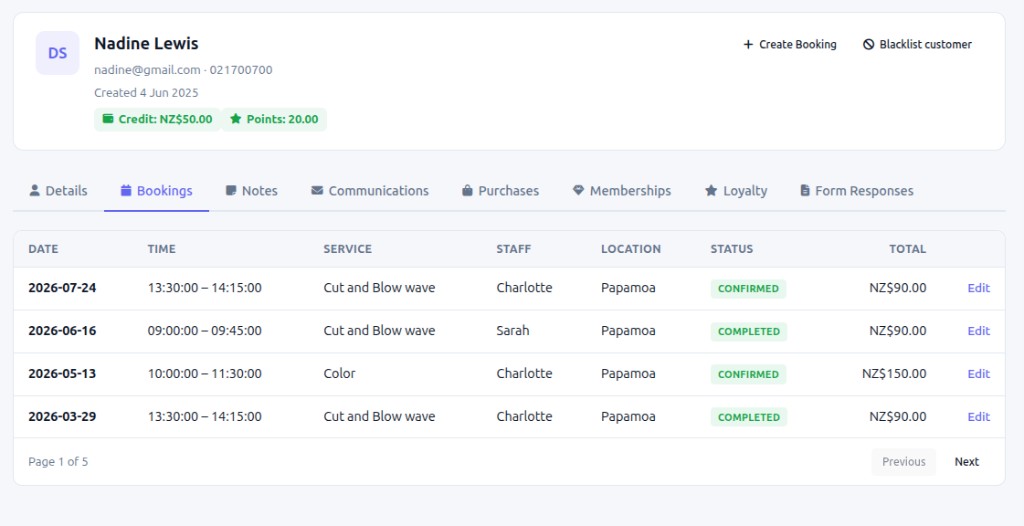 Flitz customer profile for Nadine Lewis showing contact details, credit balance and booking history