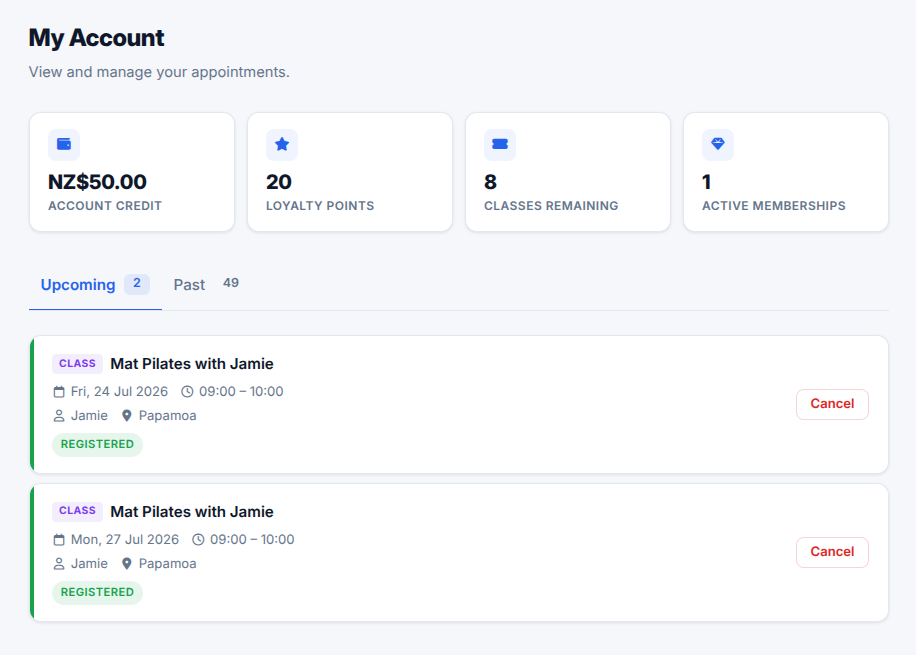Flitz customer account showing upcoming classes, memberships, account credit, loyalty points and booking management