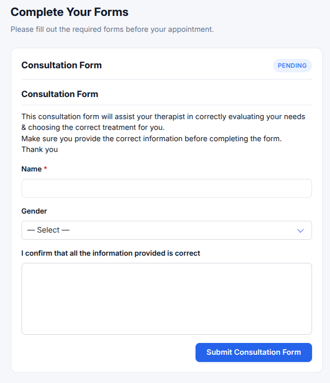 Customer form completion page showing a consultation form with name, gender and confirmation fields before an appointment