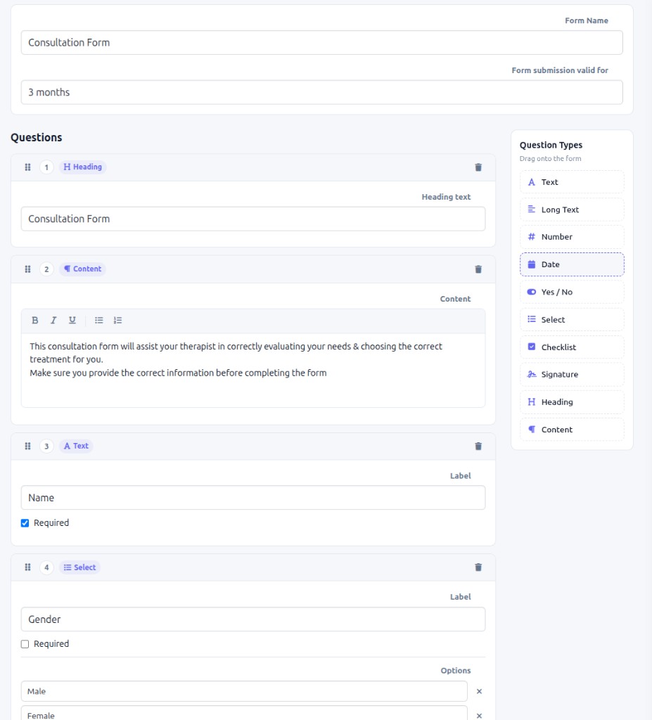 Flitz form designer with drag-and-drop question types including text, select, checklist and signature fields