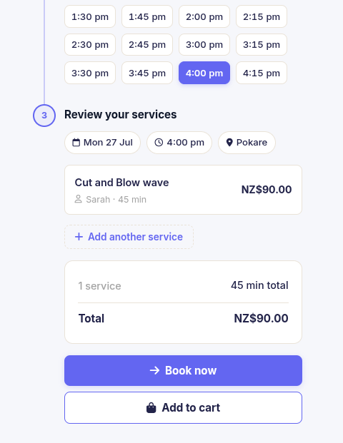 Flitz online booking review screen on a mobile phone showing service, time and Book now