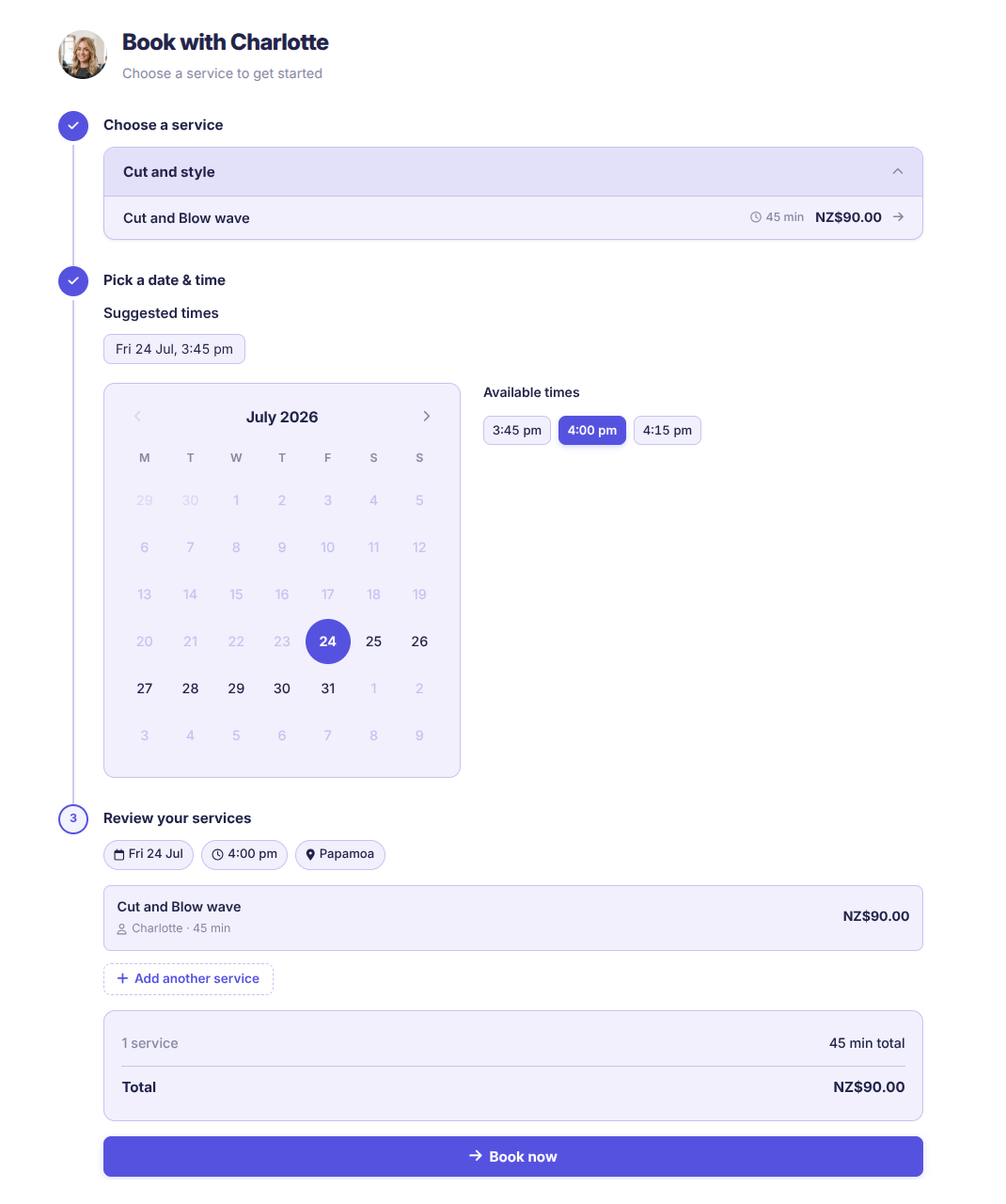 Flitz online booking flow showing service selection, calendar, available times and a review step before booking with a team member
