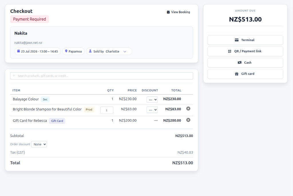 Flitz checkout showing a service and product sale with terminal, payment link, cash and gift card payment options