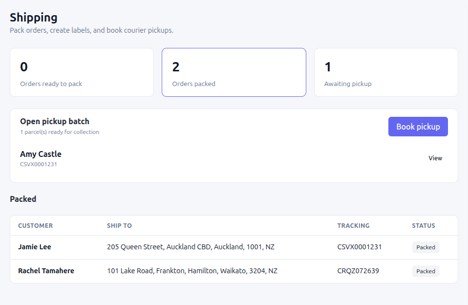 Flitz shipping dashboard showing packed orders, tracking numbers and a pickup batch ready to book