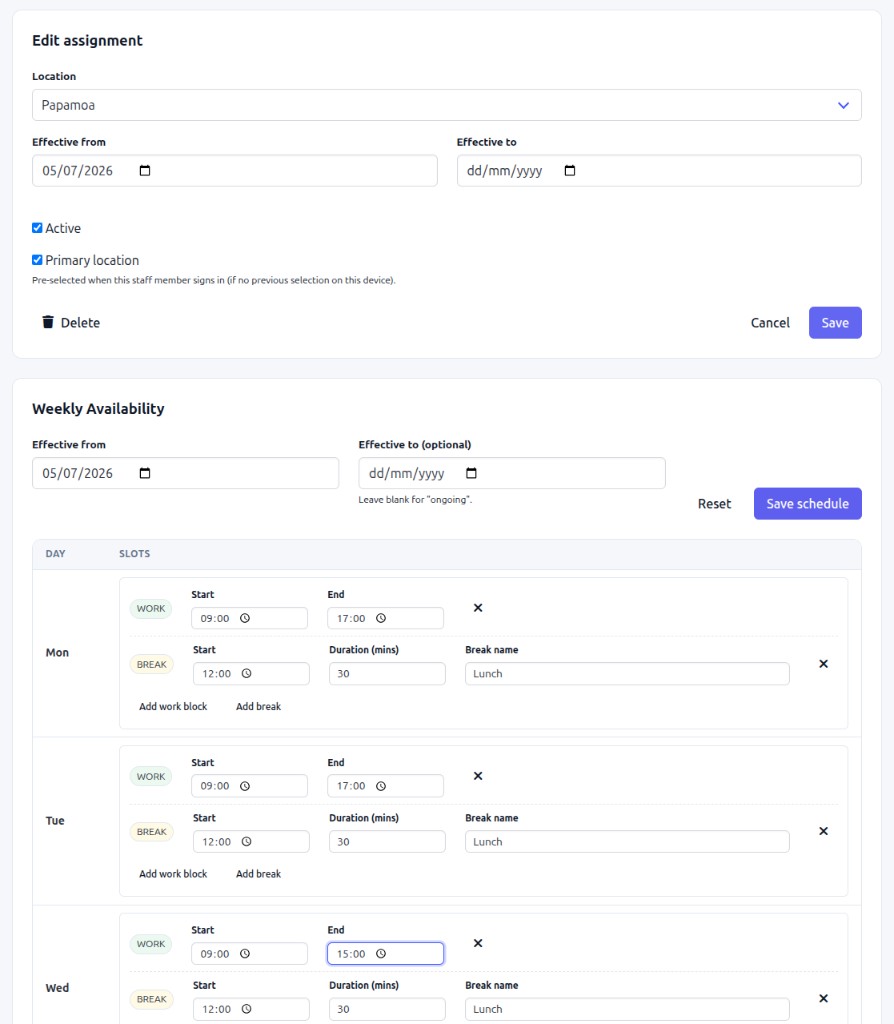 Flitz staff roster showing weekly work hours, lunch breaks and a location assignment at Papamoa